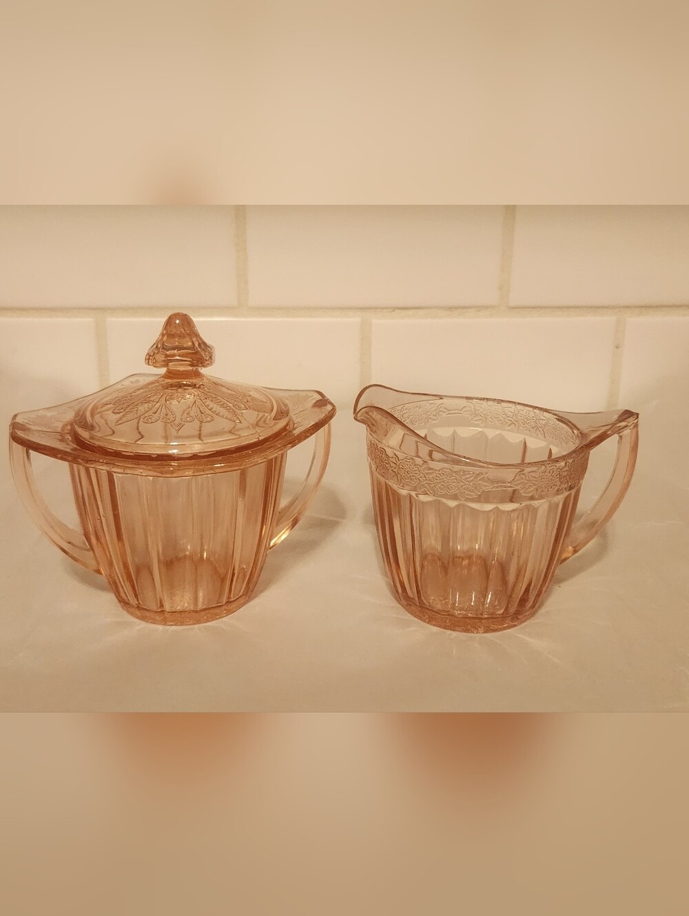 Vintage Jeanette Glass Adam Style Pink Depression Glass Sugar & Creamer Set
